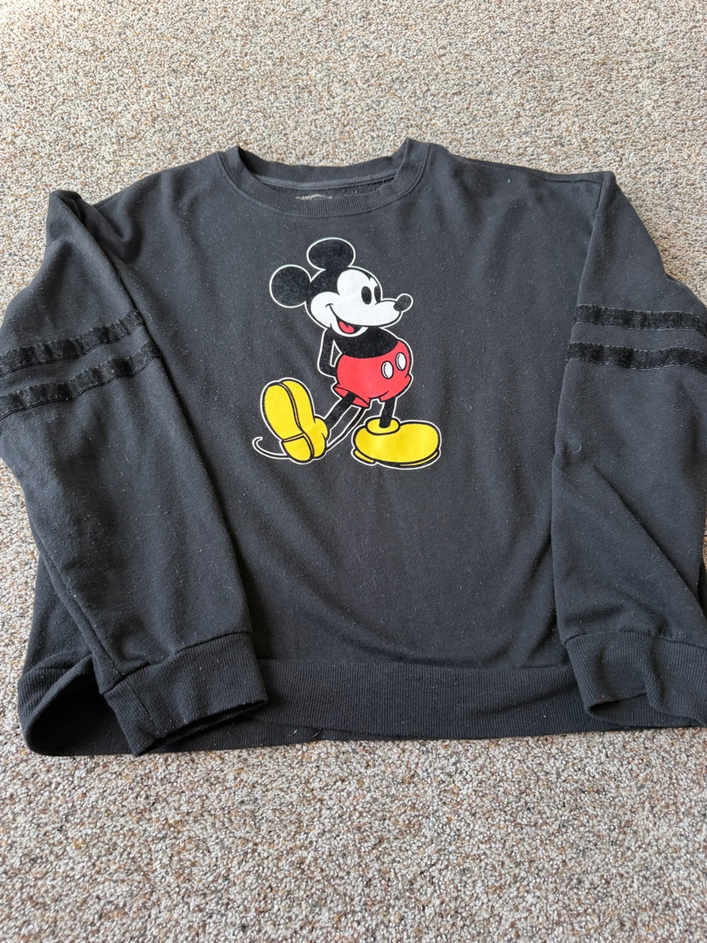 Disney Mickey Mouse Black Cropped Sweatshirt Velour Sleeve Stripes Pullover